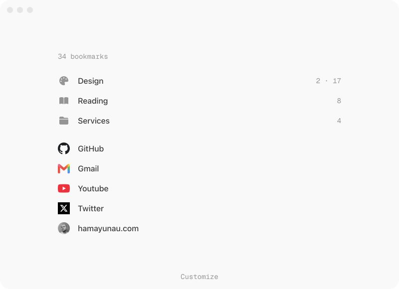 Better Bookmarks showing Design, Reading and Tools folders, with a list of saved websites.